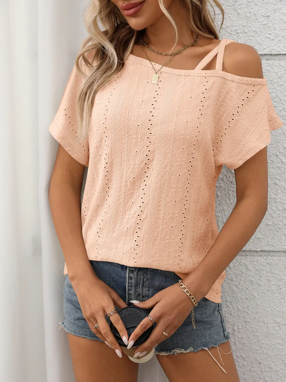 Eyelet Asymmetrical Shoulder Short Sleeve T-Shirt, image 35