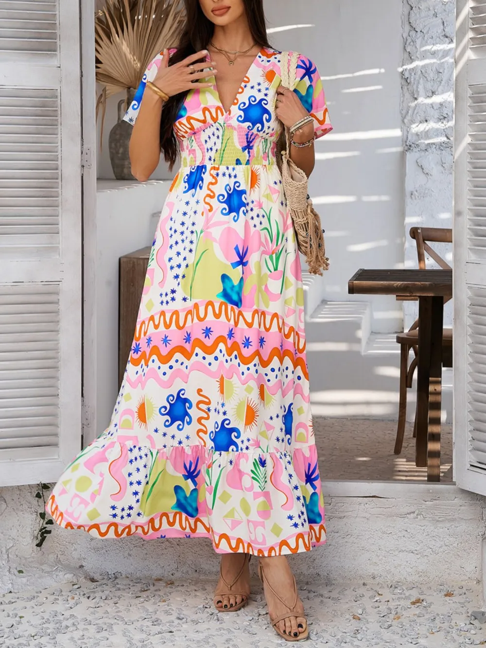 Smocked Printed V-Neck Short Sleeve Maxi Dress, image 9
