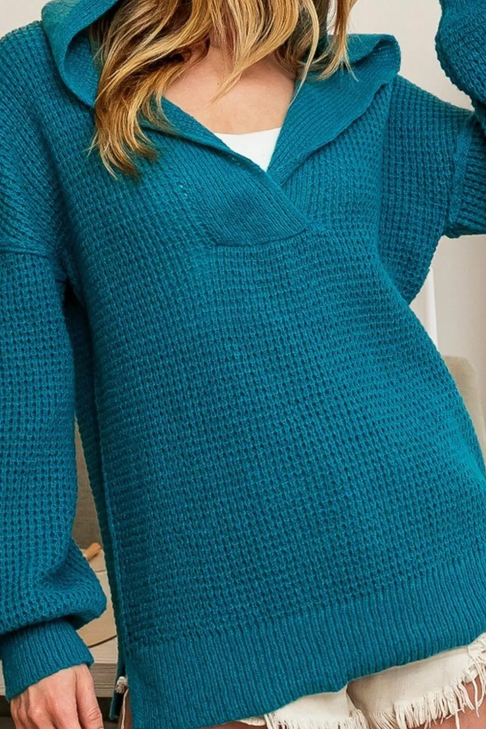 Raw Edge Detail V-Neck Sweater Hoodie, image 2