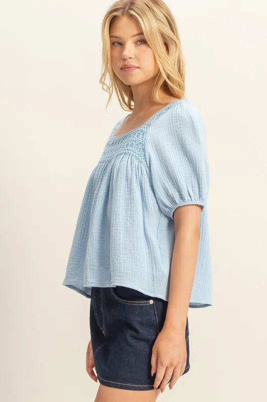 Crochet Detail Puff Sleeve Peasant Top, image 2