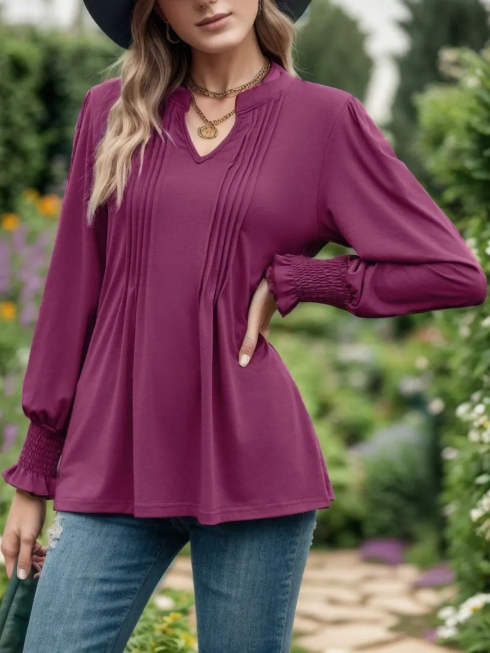 Notched Smocked Flounce Sleeve Blouse, image 2