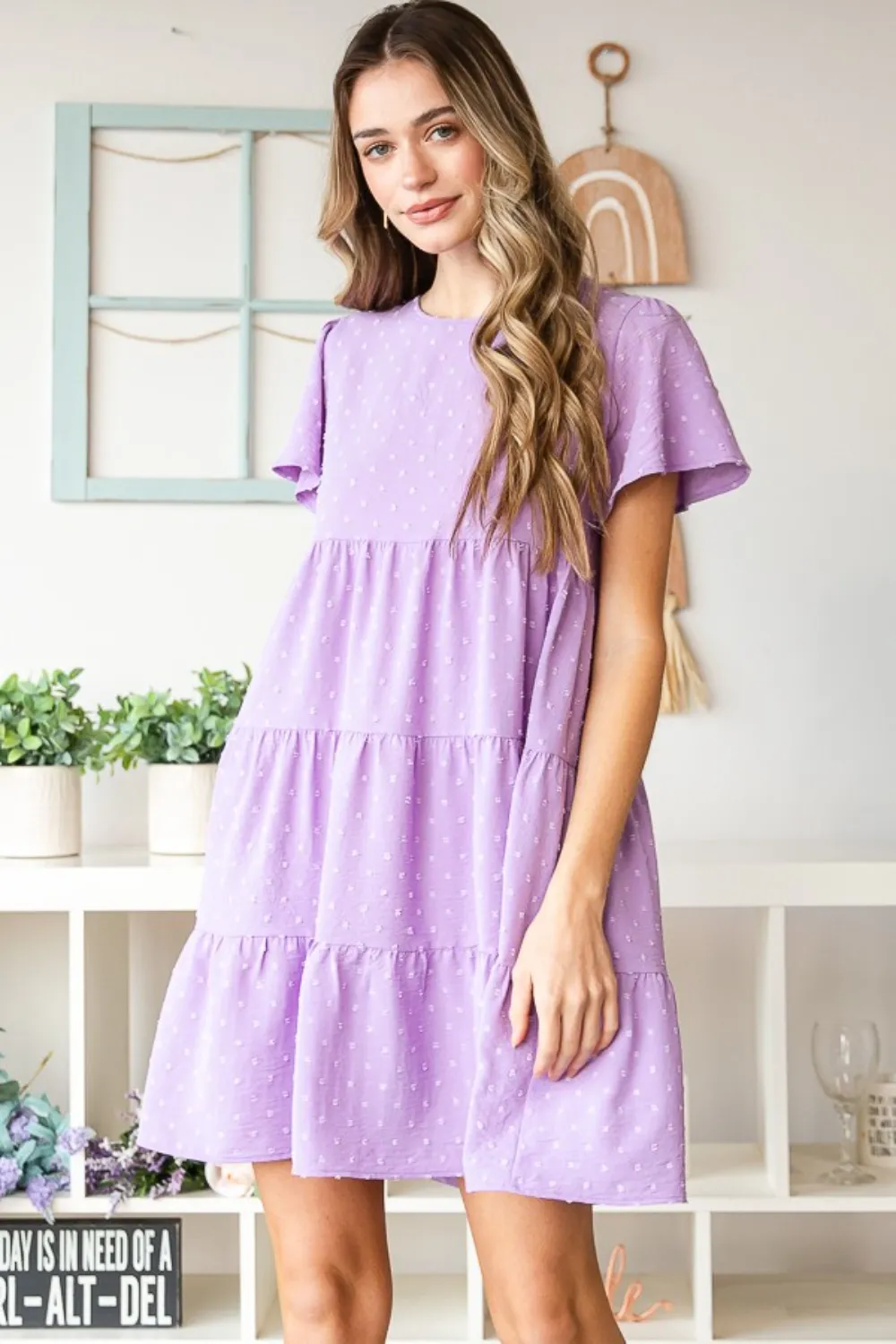 Full Size Swiss Dot Short Sleeve Tiered Dress, image 6