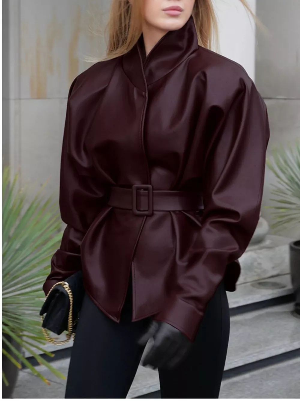 Stand Collar Belted Faux Leather Jacket, image 5