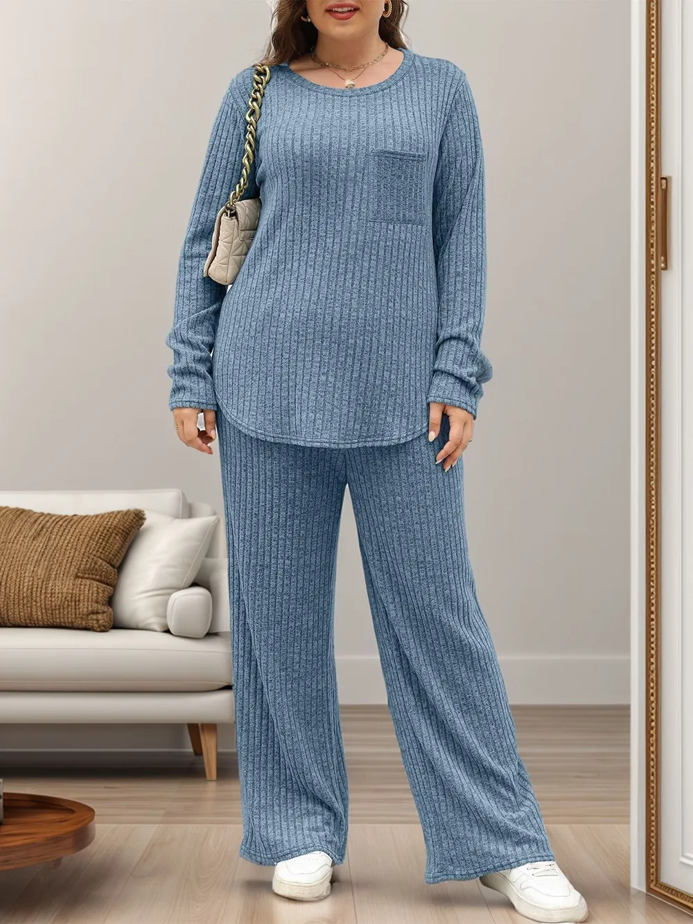 Round Neck Long Sleeve Top and Pants Set, image 12