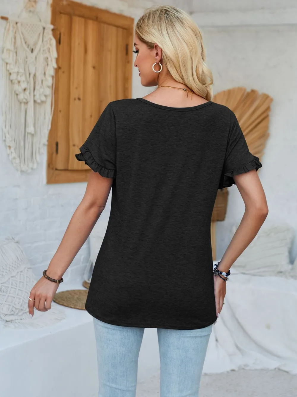 Frill Round Neck Petal Sleeve Blouse, image 12