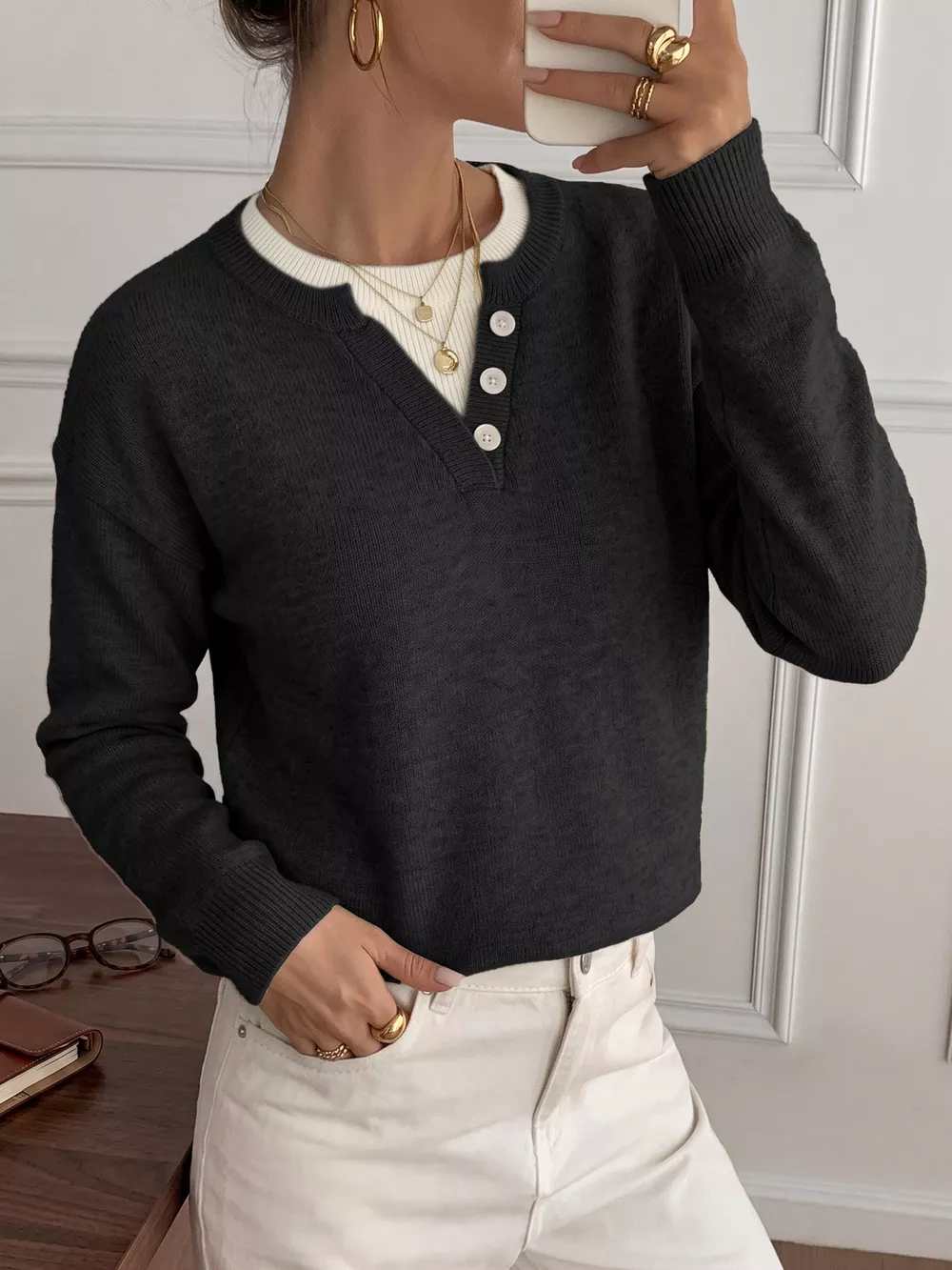 Decor Button-Placket Ribbed Knit Sweater, image 9