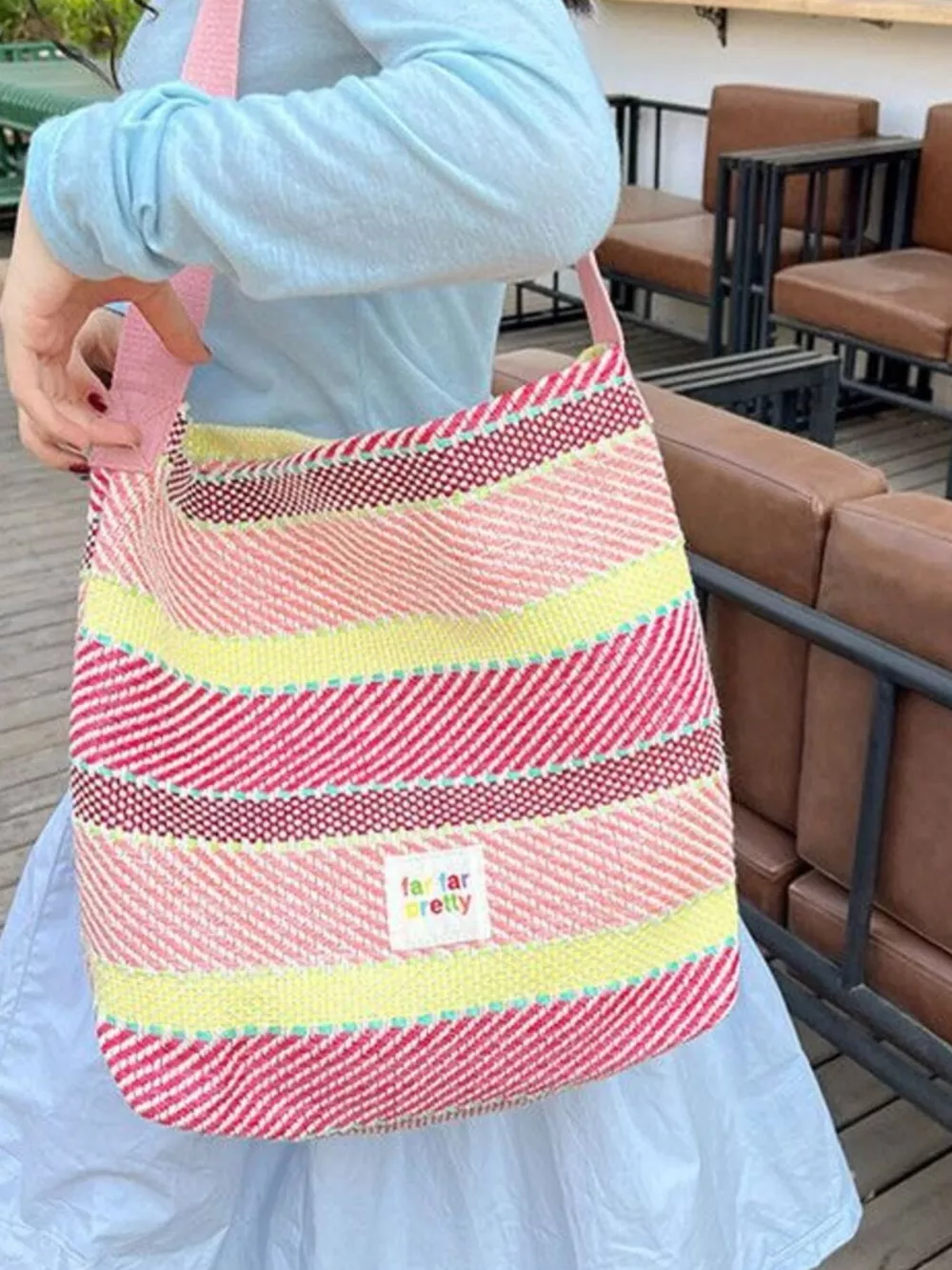 Striped Woven Shoulder Bag with Adjustable Strap, image 4