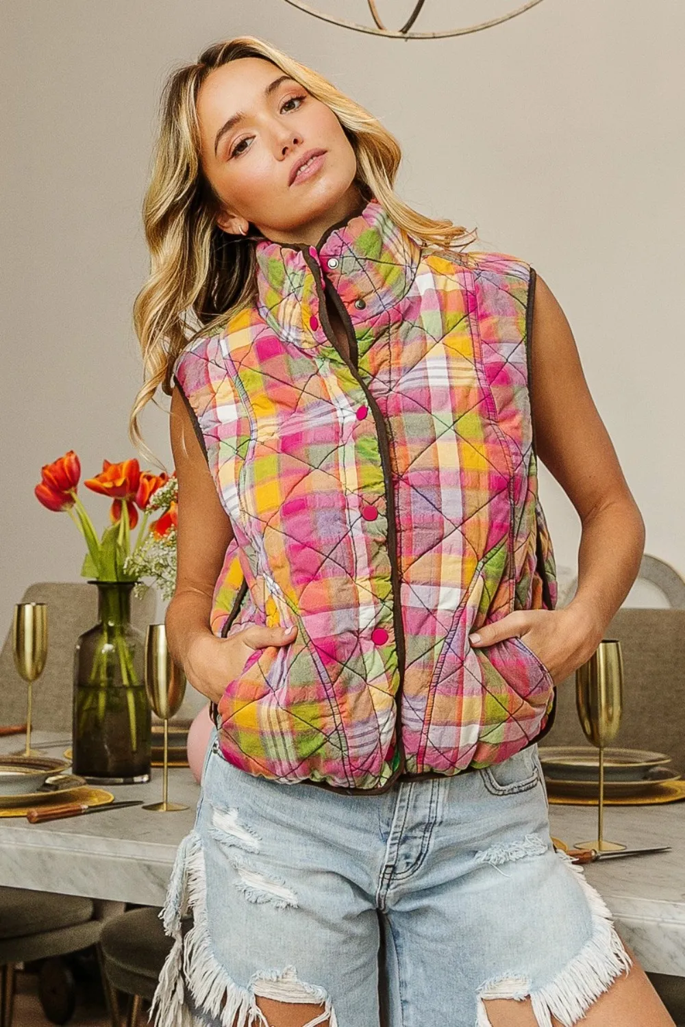 Quilted Washed Plaid Snap Down Vest, image 4