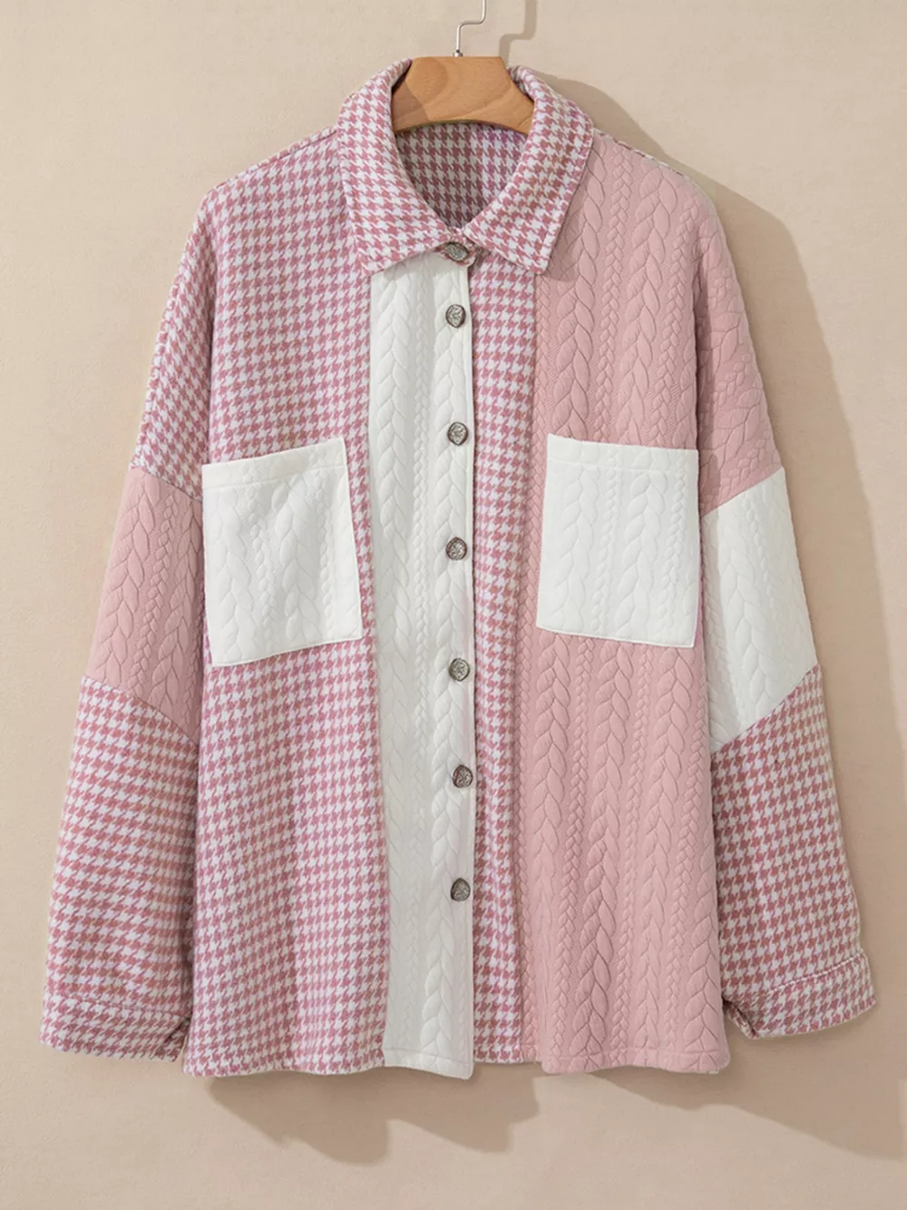 Button Down Houndstooth Color Block Shacket, image 20