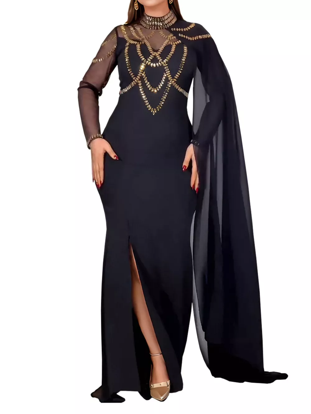 Rhinestone Slit Maxi Dress with Sheer Cape Sleeves, image 10