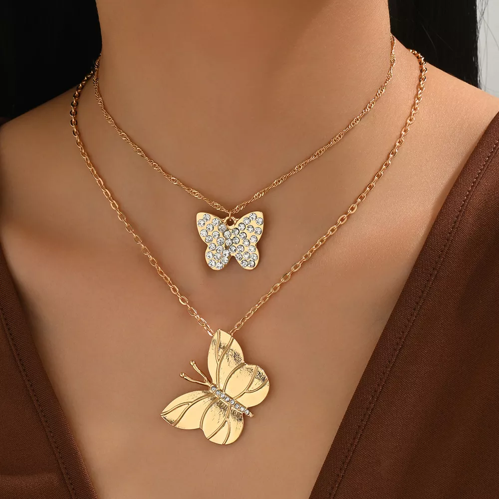 2 Piece 18K Gold-Plated Rhinestone Butterfly Necklace, image 2