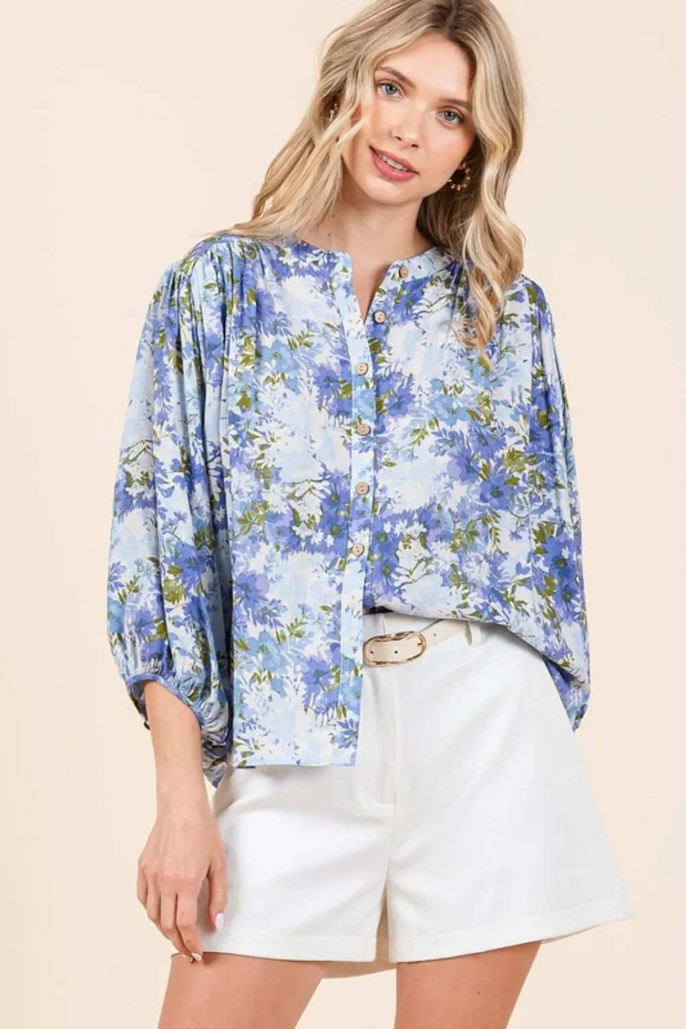 Flower Print Batwing Sleeve Button Down Blouse, image 4