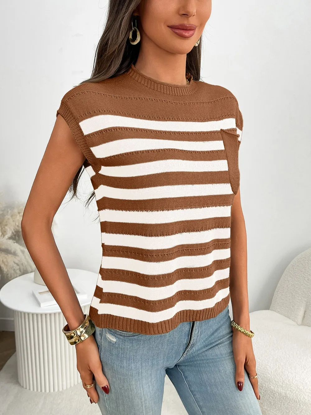 Striped Mock Neck Cap Sleeve Knit Top, image 21