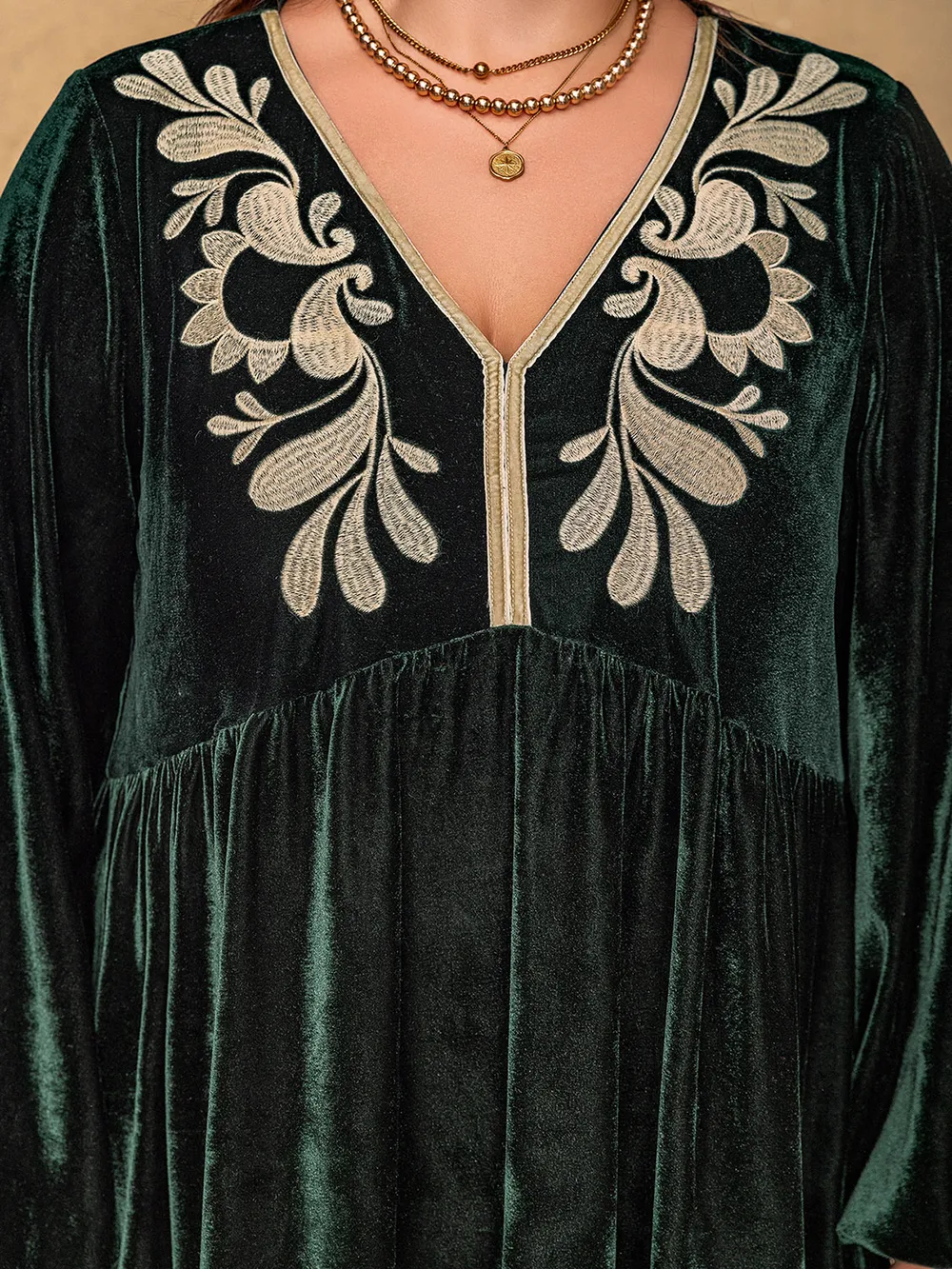 Plus Size Embroidered V-Neck Long Sleeve Dress, image 9