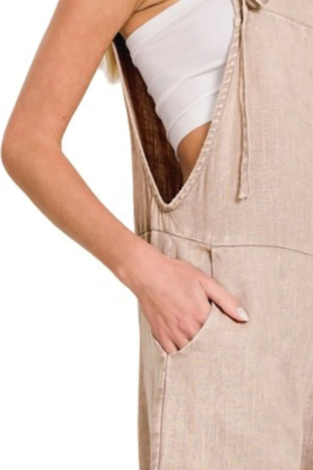 Washed Linen Knot Strap Rompers, image 3
