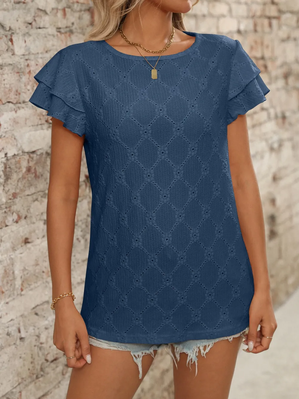 Eyelet Round Neck Double Layered Ruffled Short Sleeve Top, image 28