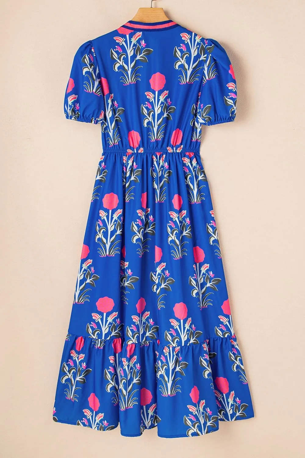 Floral Puff Short Sleeve Notched High Waist Dress, image 10