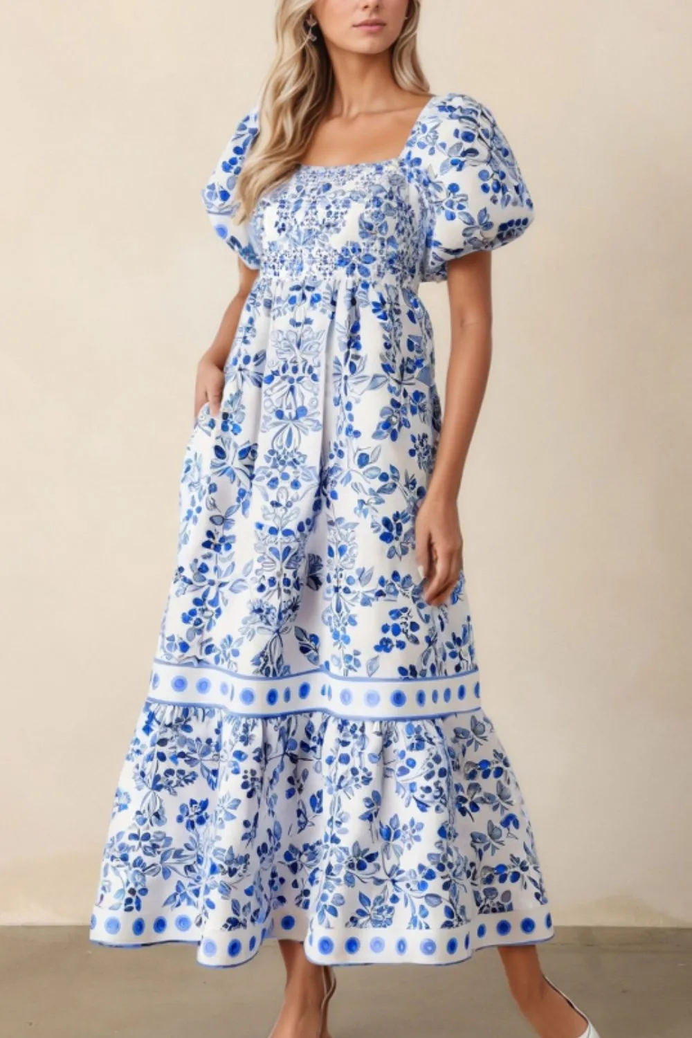 Smocked Printed Square Neck Puff Sleeve Dress, image 14