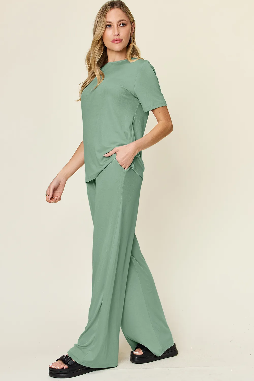 Full Size Round Neck Short Sleeve T-Shirt and Wide Leg Pants Set, image 19