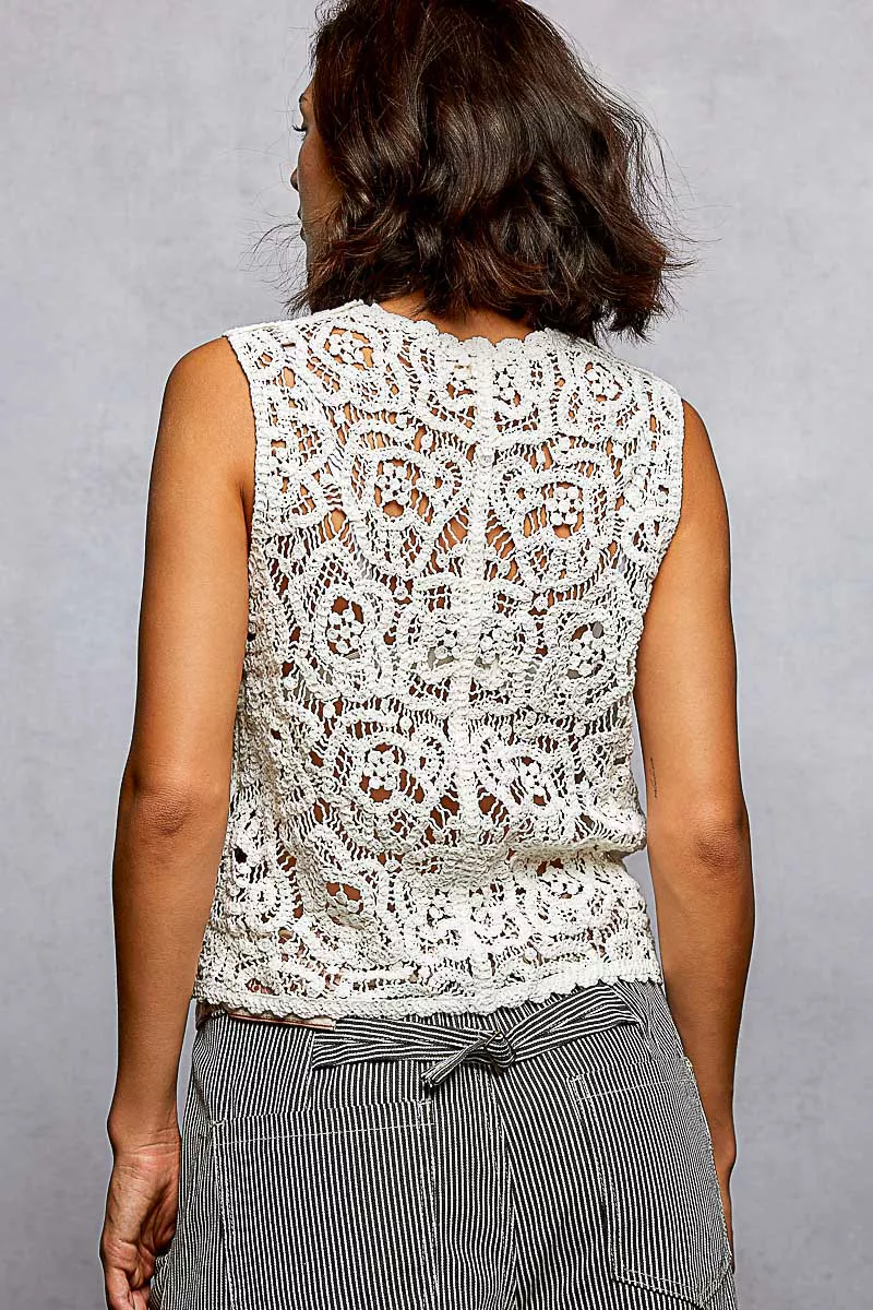 Button Down Cropped Crochet Vest with Scalloped Edge, image 4