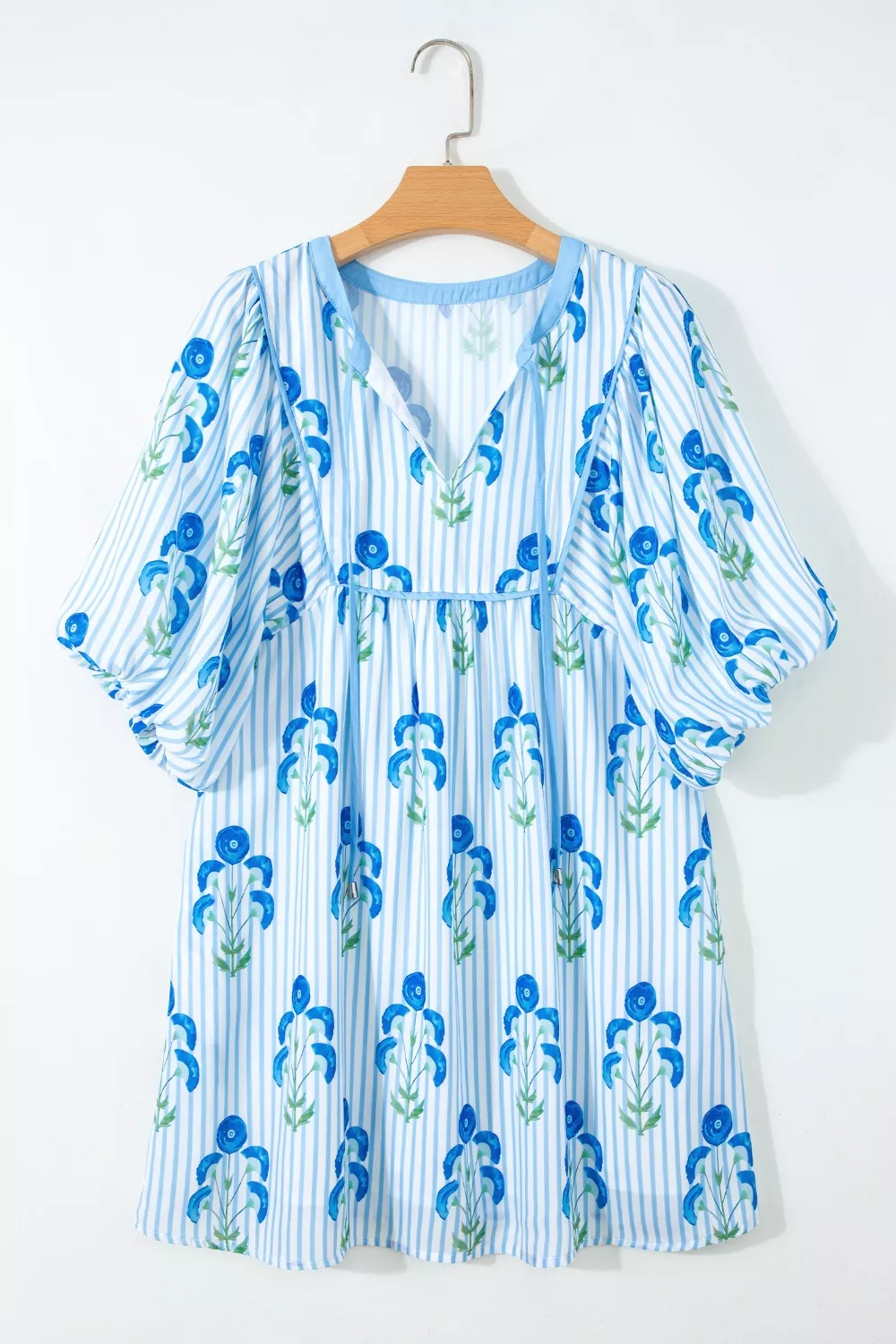 Floral Striped Print Tie Notched Neck Puff Sleeve Flared Mini Dress, image 4