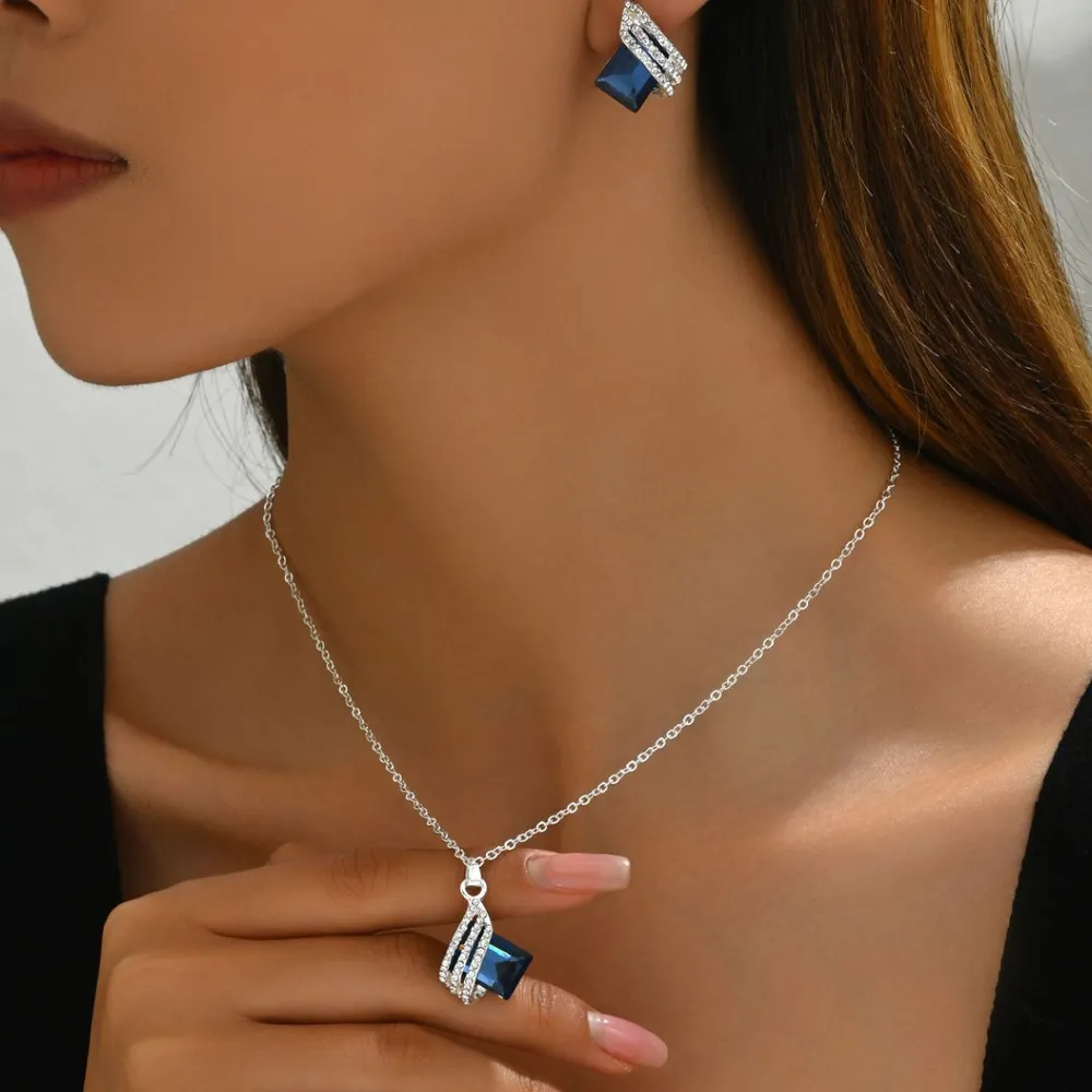 Stainless Steel Crystal Geometric Earrings and Necklace Jewelry Set