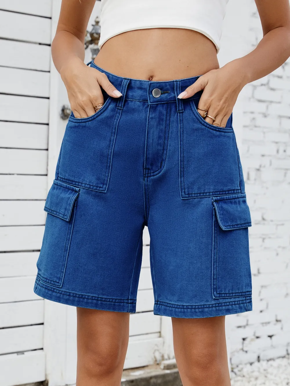 High Waist Denim Shorts with Cargo Pockets, image 15