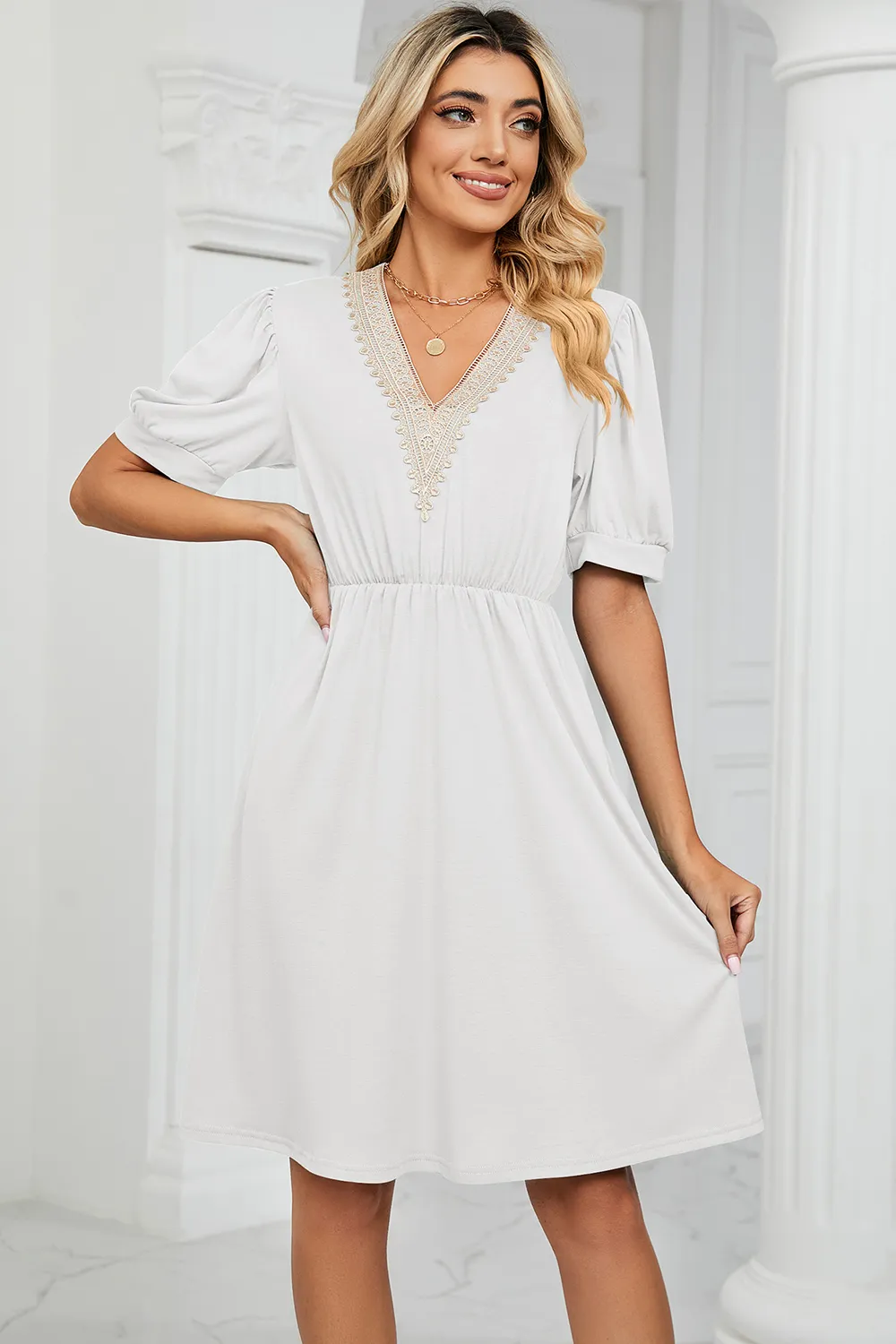 V-Neck Puff Sleeve Dress, image 7