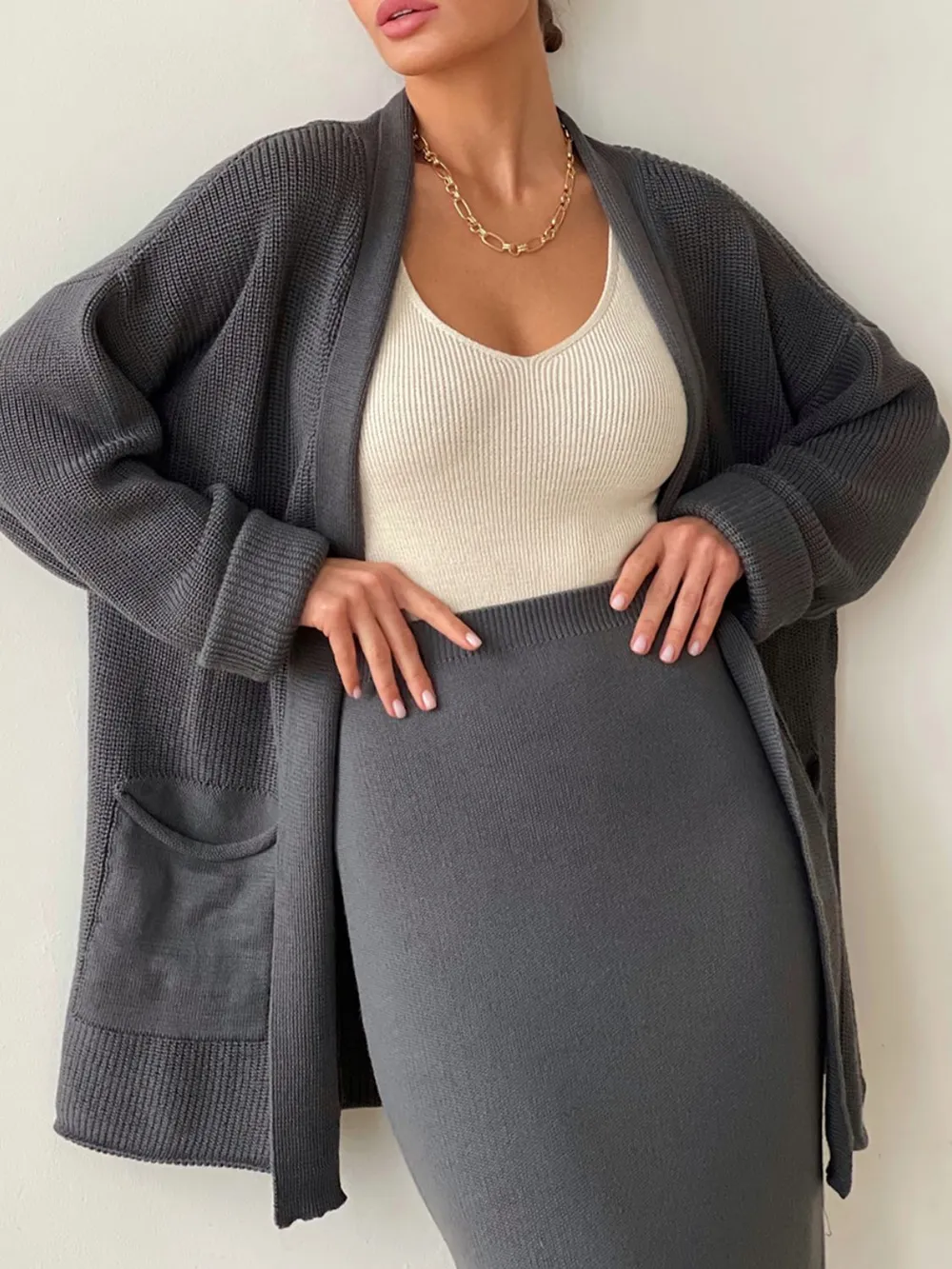 Pocketed Long Sleeve Cardigan and Skirt Sweater Set, image 16