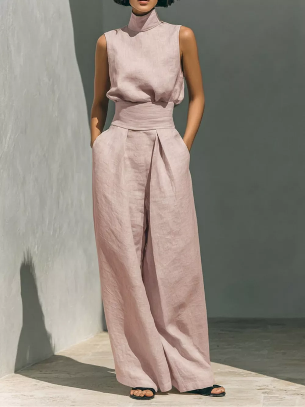 Turtleneck Sleeveless Top and Wide-Leg Pants Set, image 7