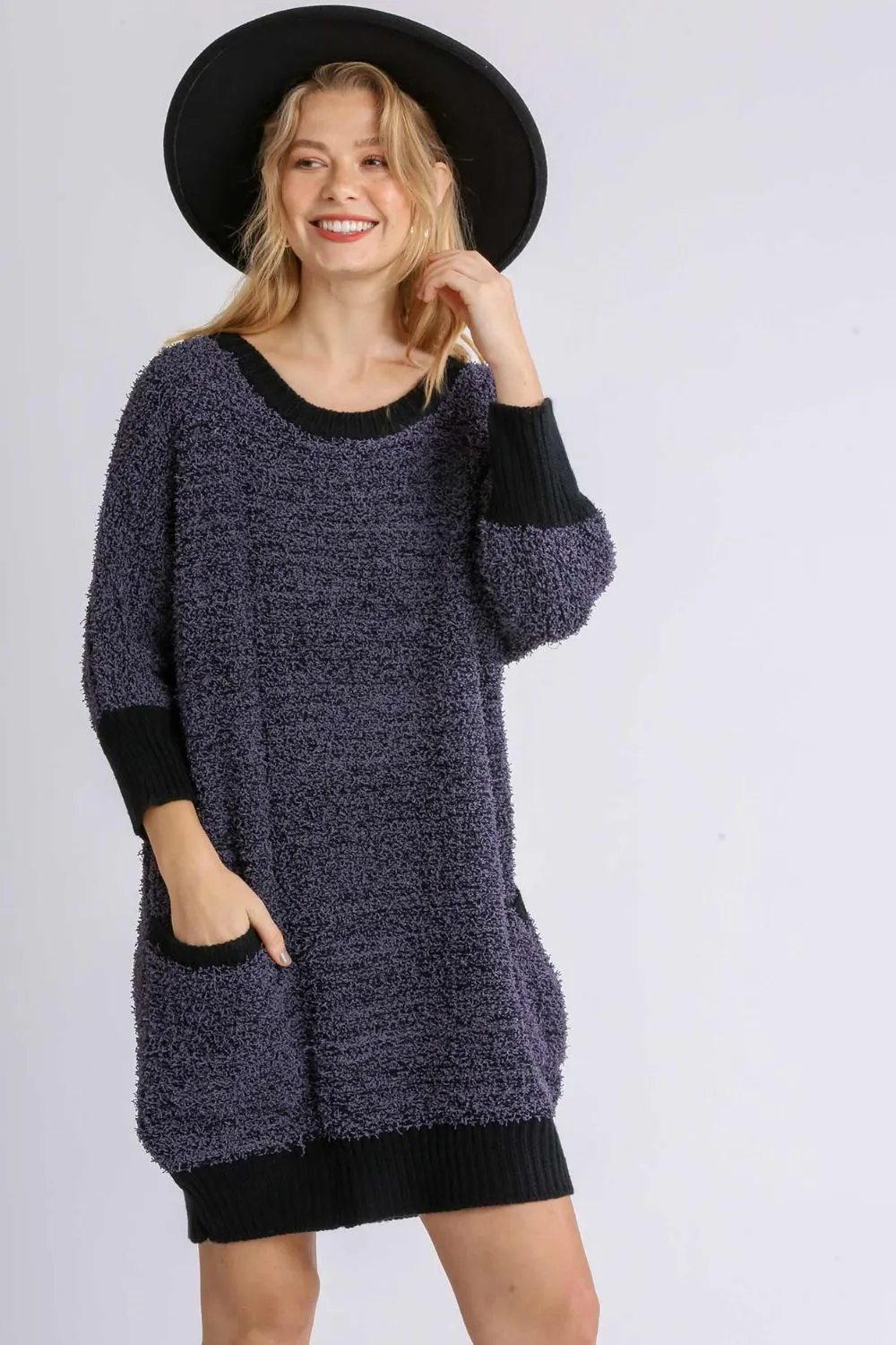 Full Size Ribbed Hem Round Neck 3/4 Sleeve Sweater Dress with Pockets Plus Size