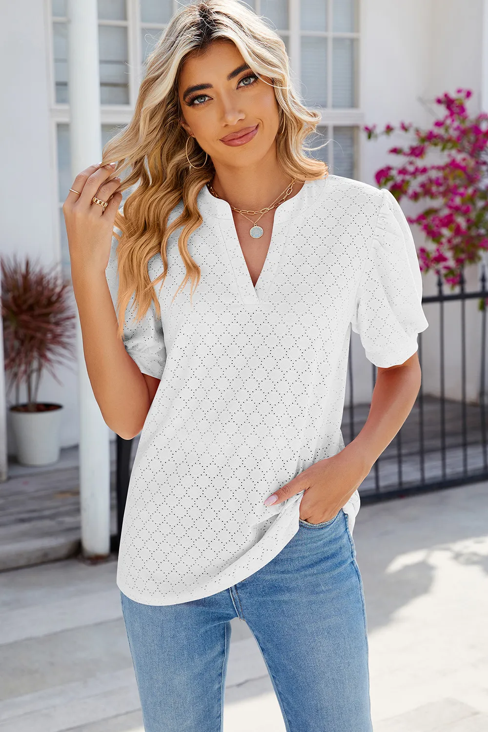Eyelet Notched Puff Sleeve T-Shirt, image 11