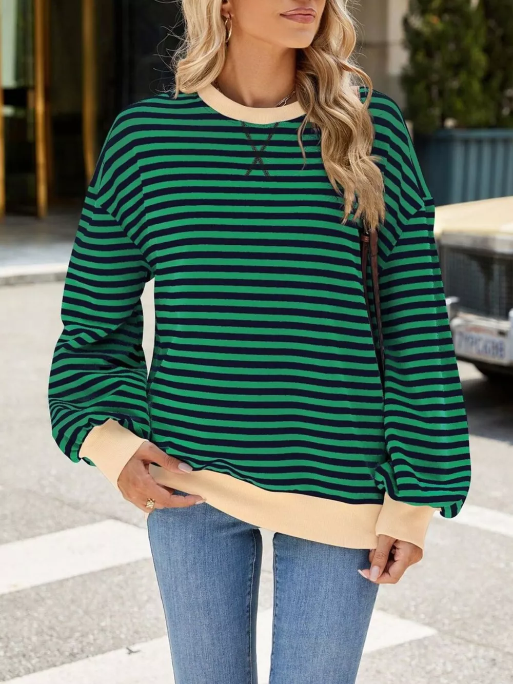 Striped Crew Neck Long Sleeve Sweatshirt, image 34