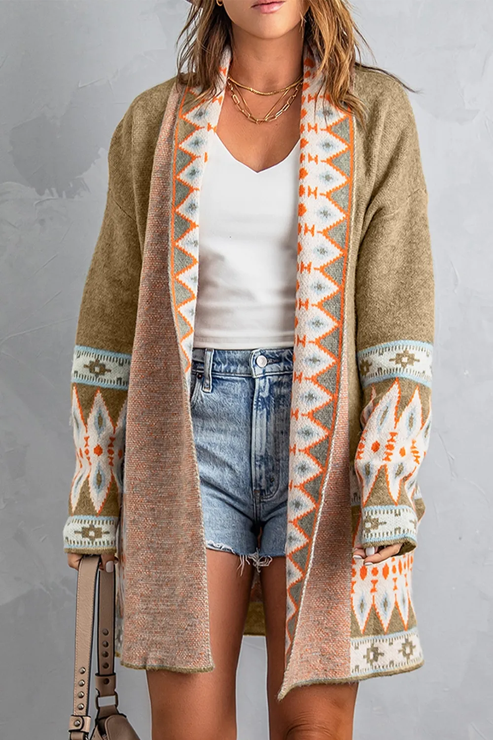 Geometric Open Front Long Sleeve Cardigan, image 26