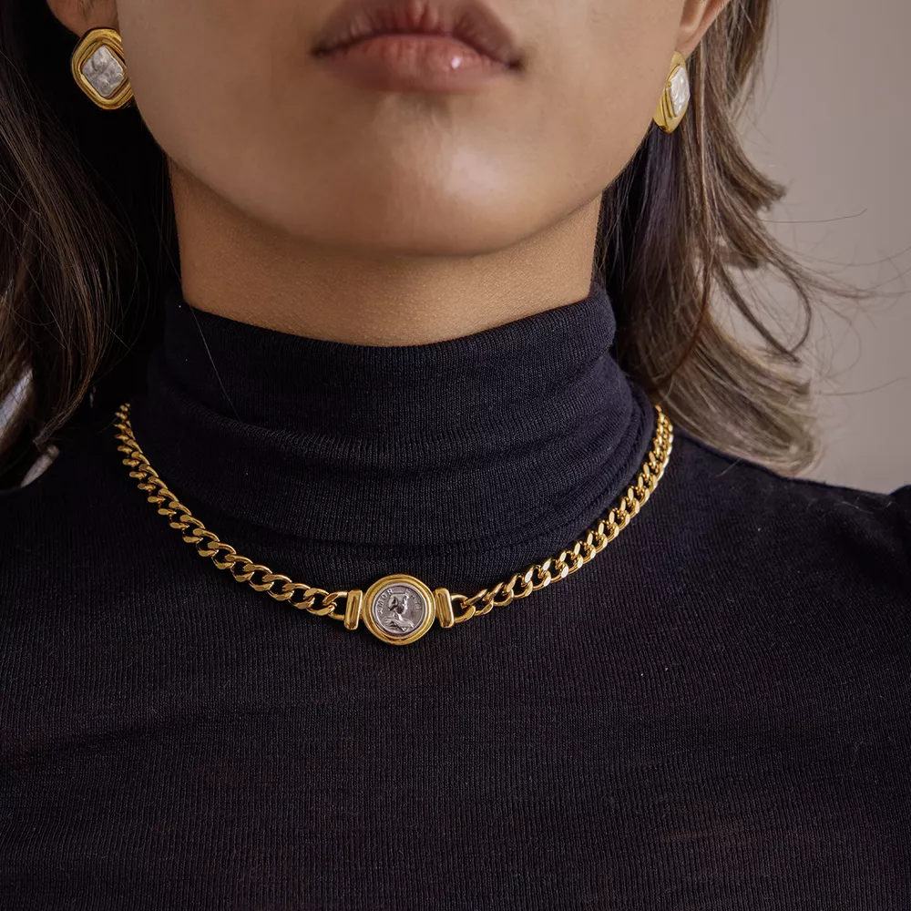 18K Gold-Plated Vintage Coin Charm Curb Chain Necklace