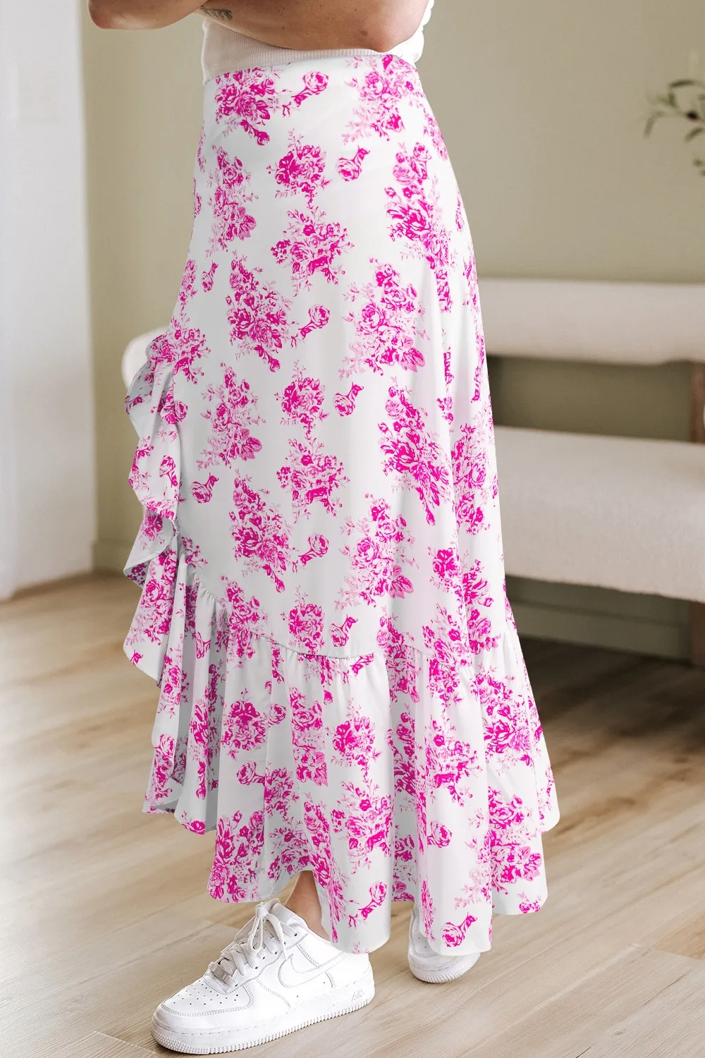 Boho Floral High Waist Ruffle Split Maxi Skirt, image 12