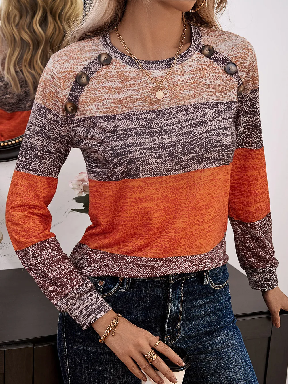 Decorative Button Contrast Round Neck Long Sleeve T-Shirt, image 4