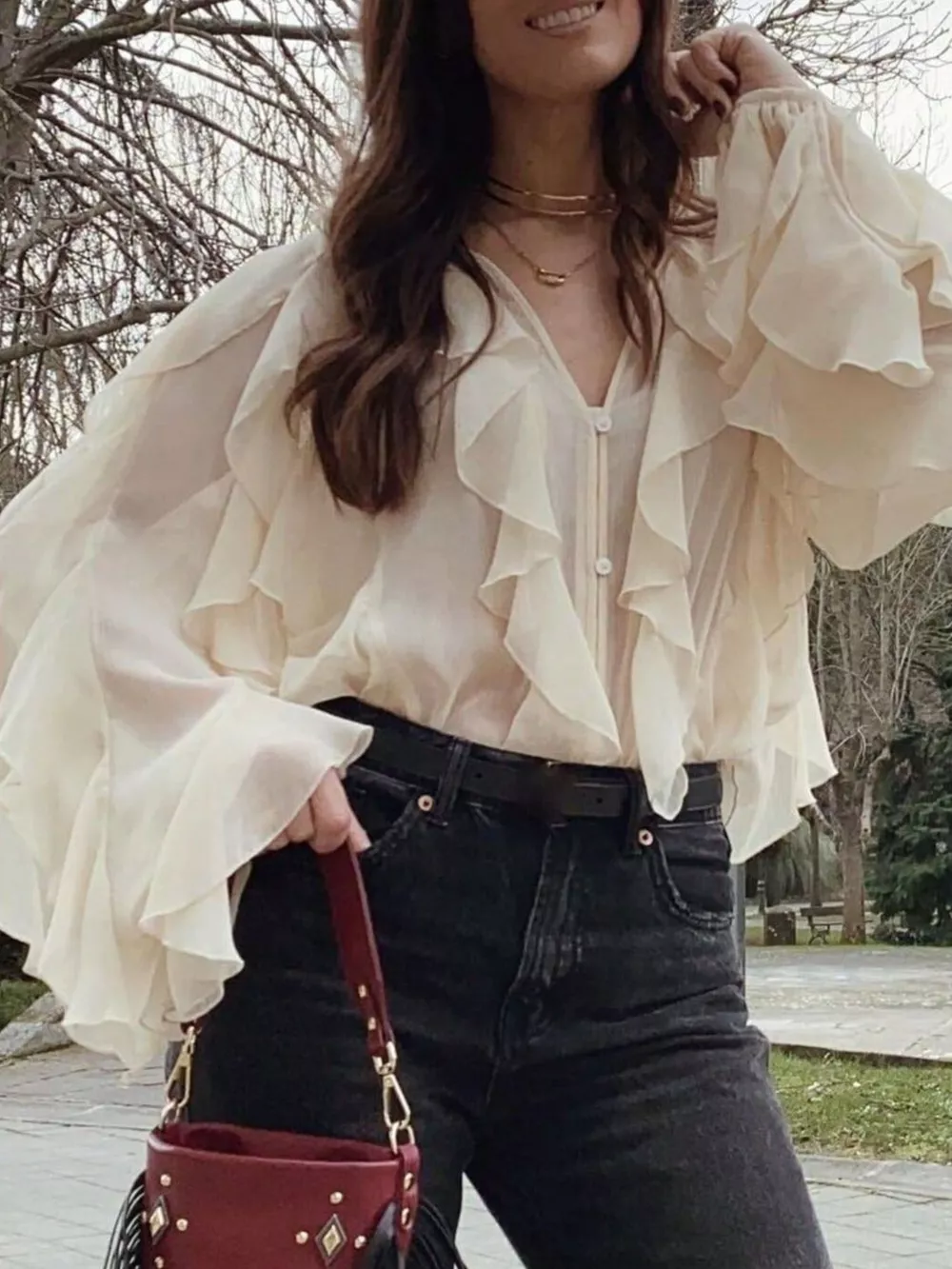 Ruffled Sheer Long Sleeve Blouse, image 32