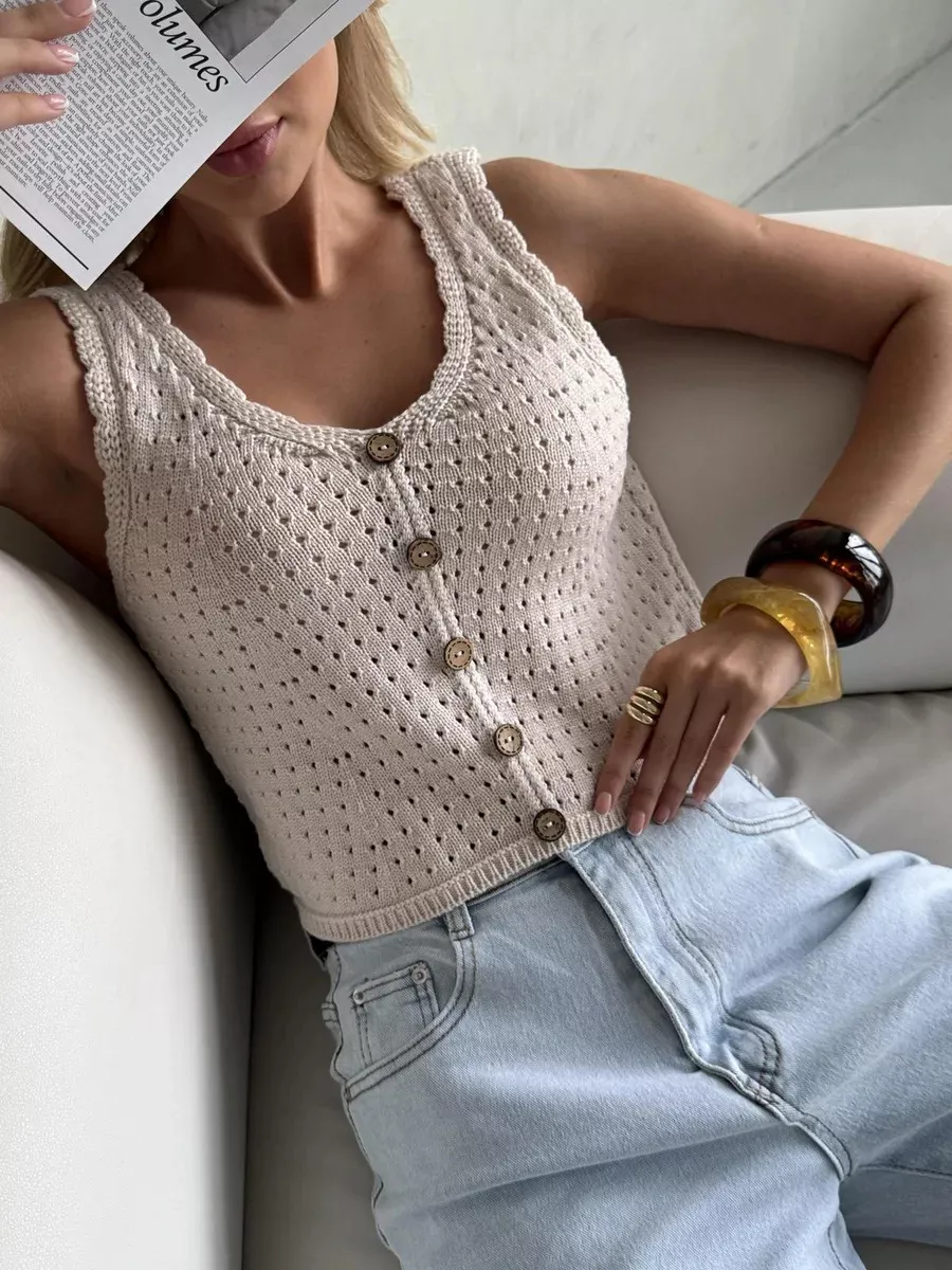 Crochet Decor Button Eyelet Knit Vest, image 6
