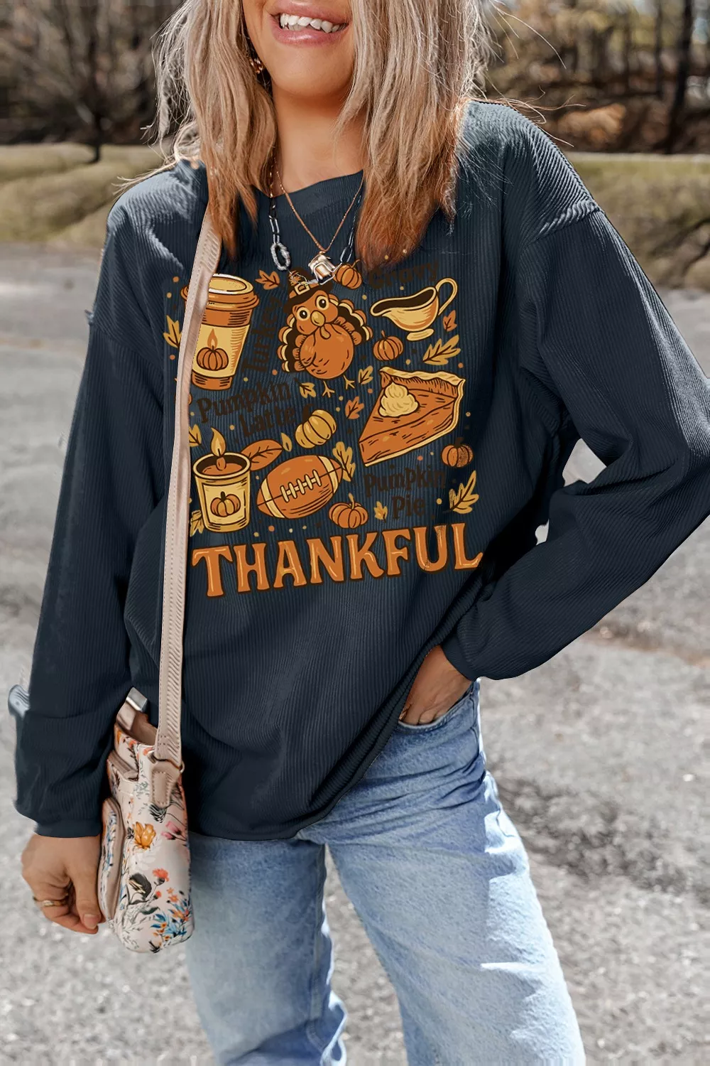 Thankful Thanksgiving Graphic Long Sleeve Sweatshirt, image 6