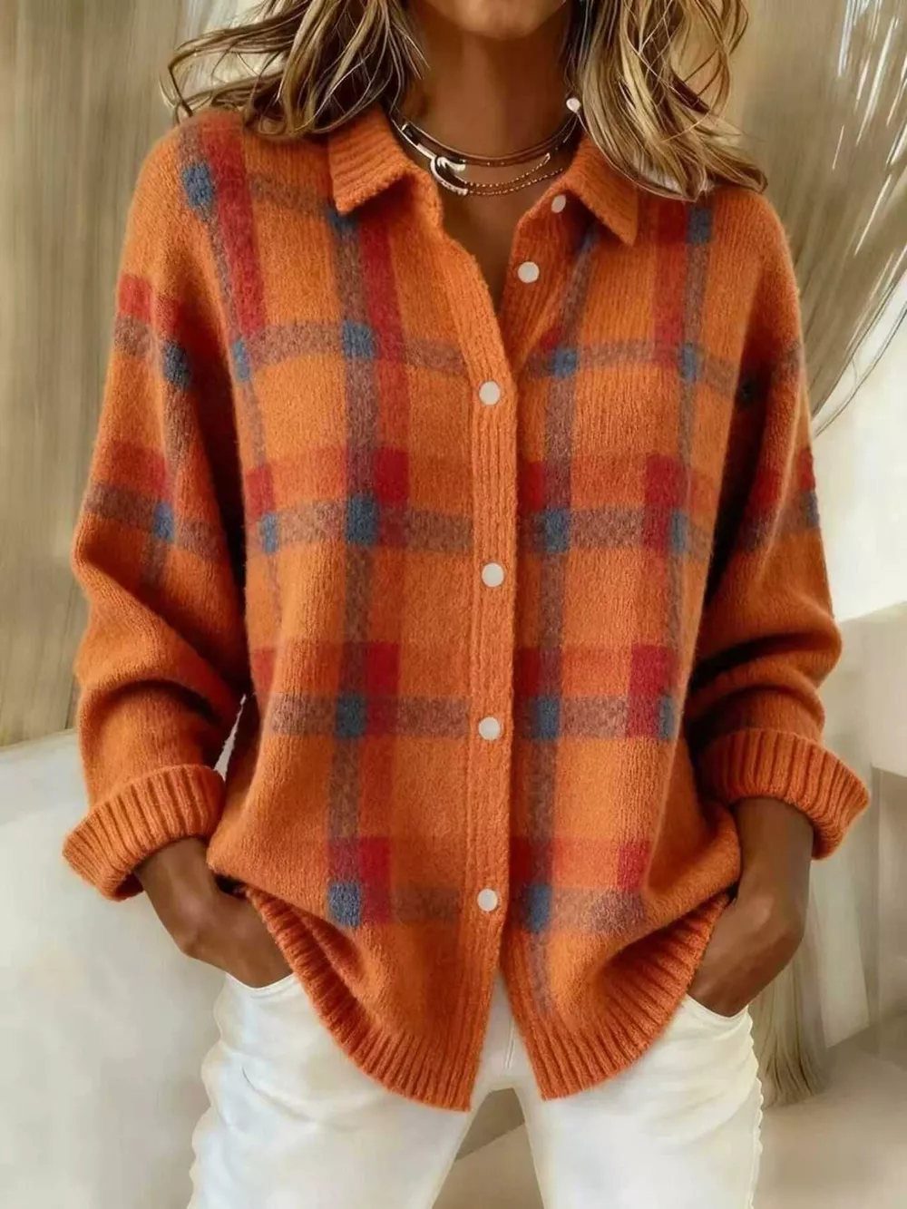 Full Size Plaid Button-Down Knit Cardigan Plus Size, image 13