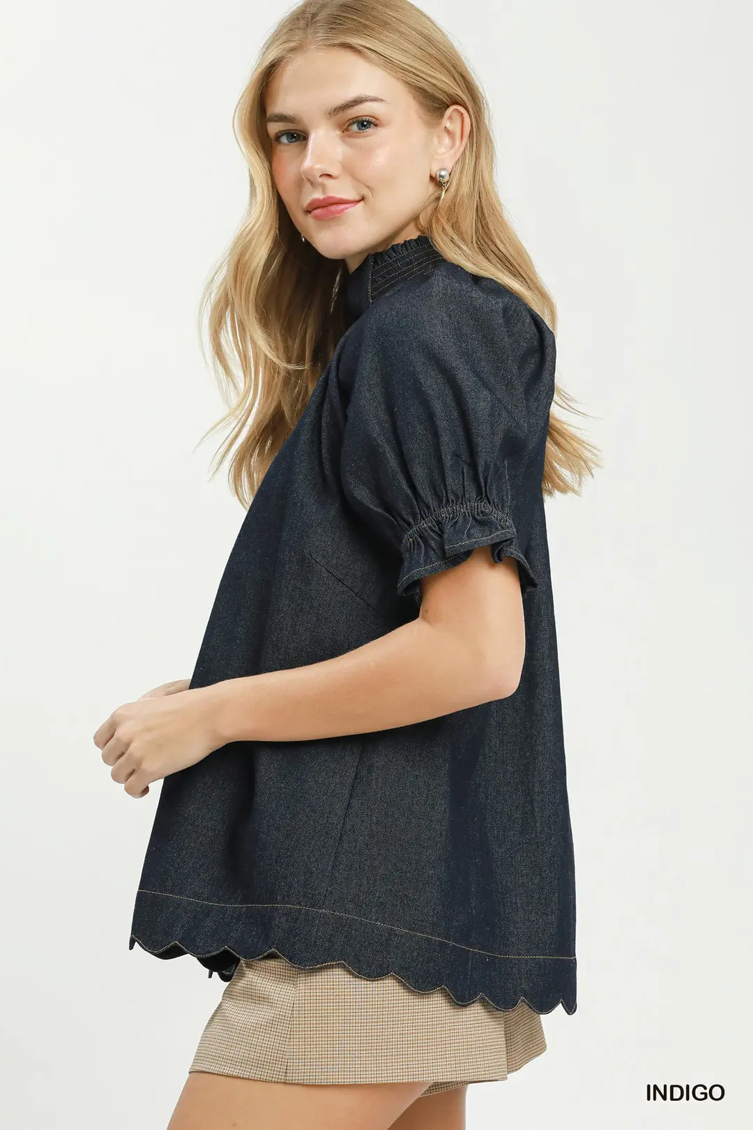 Chambray Puff Sleeve Scallop Hem Blouse, image 2