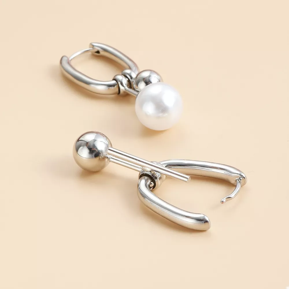 Asymmetrical Pearl Drop Hoop Earrings, image 6