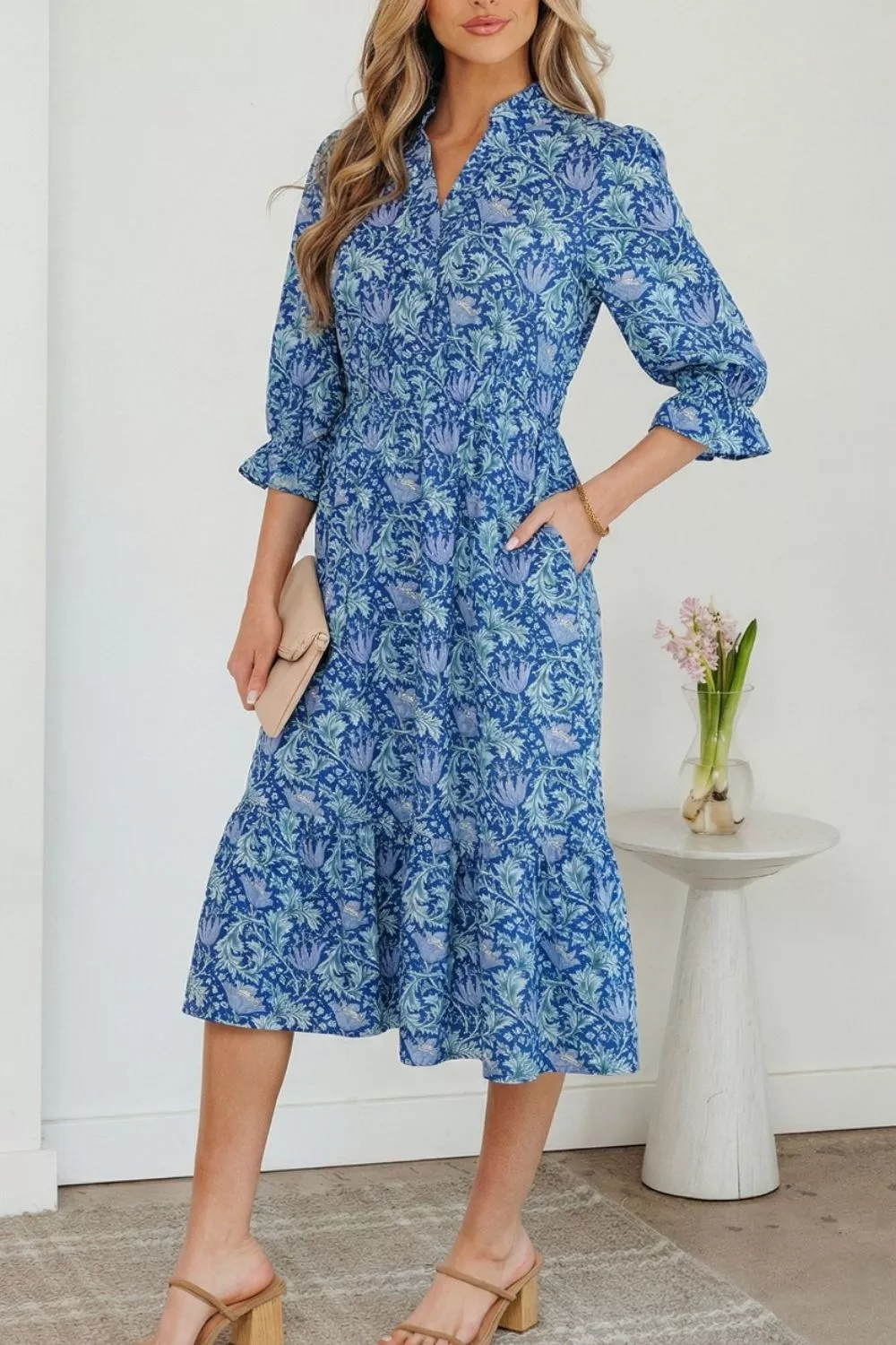 Floral Printed Frilled V Neck Bracelet Sleeve Long Dress, image 3