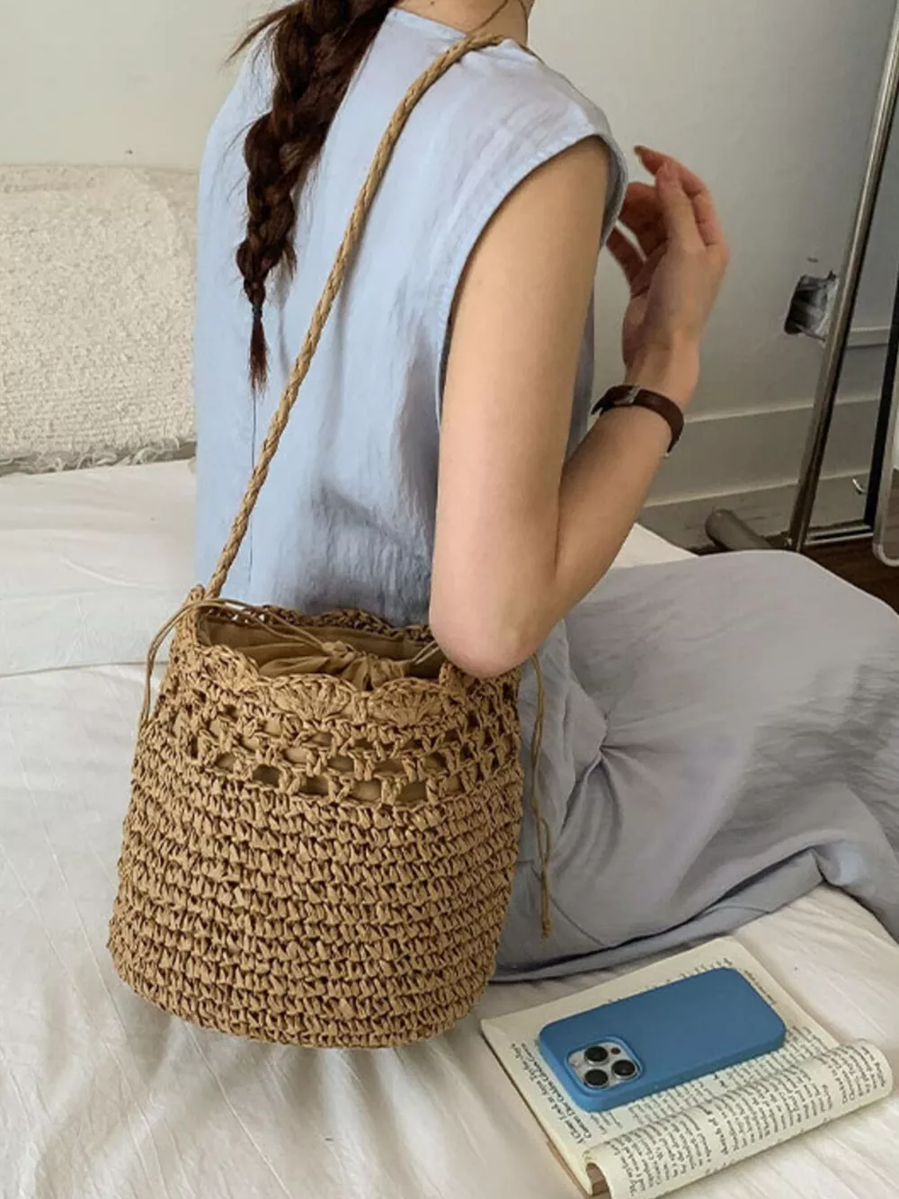Woven Straw Bucket Shoulder Bag, image 5