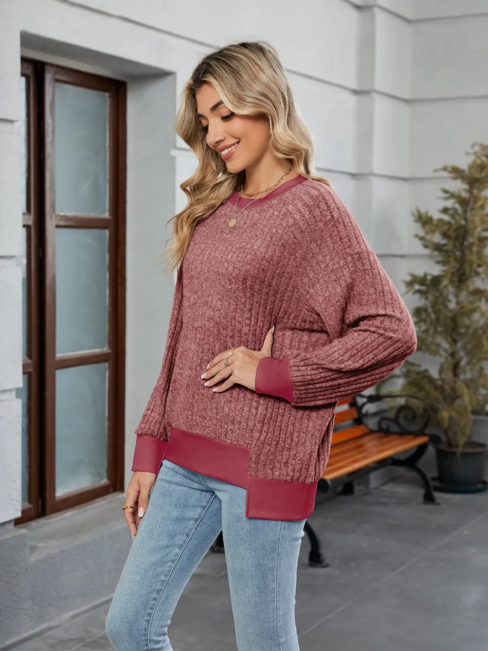 Contrast Trim Round Neck Long Sleeve T-Shirt, image 23