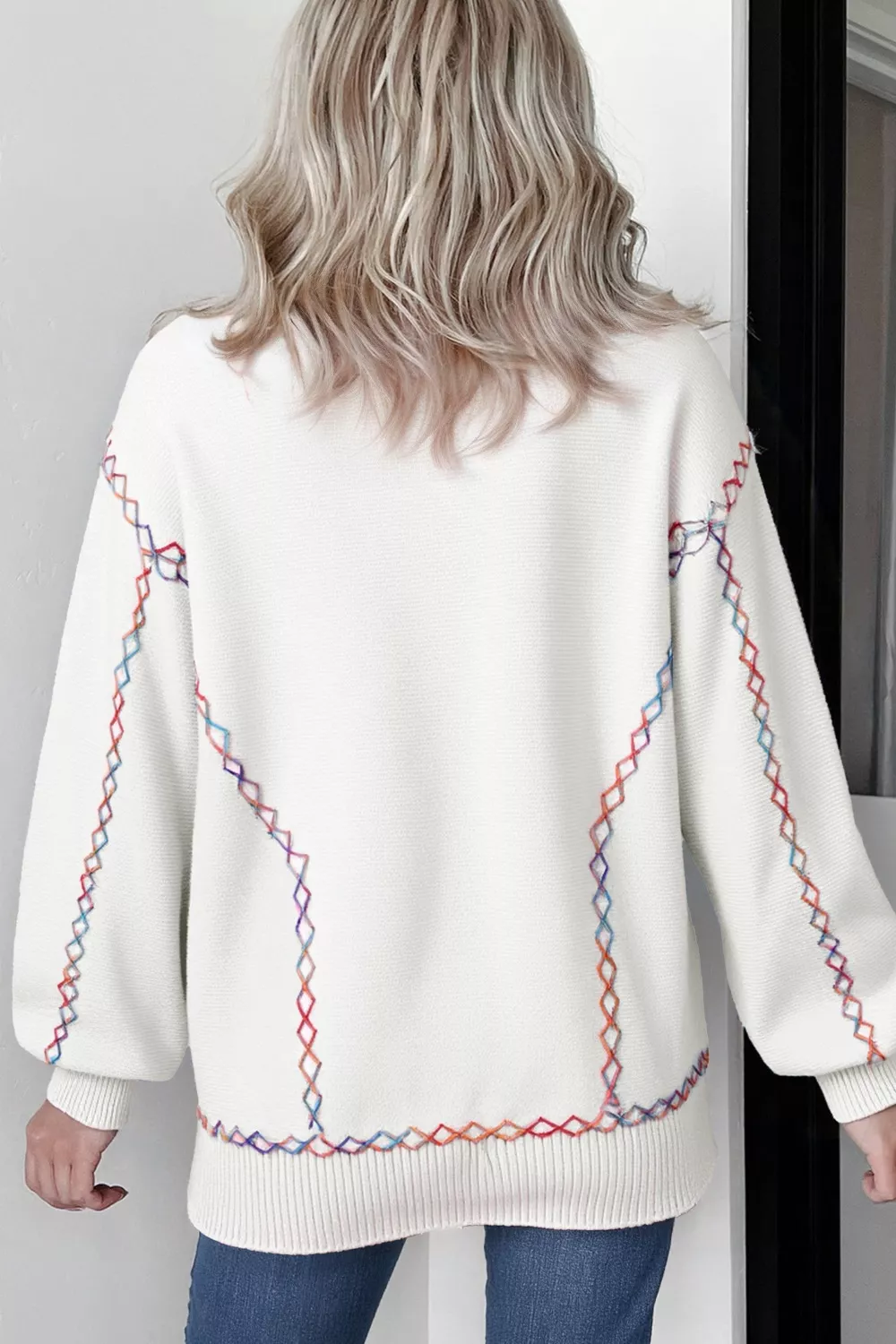 Rainbow Stitching Long Sleeve Relaxed Sweater, image 5