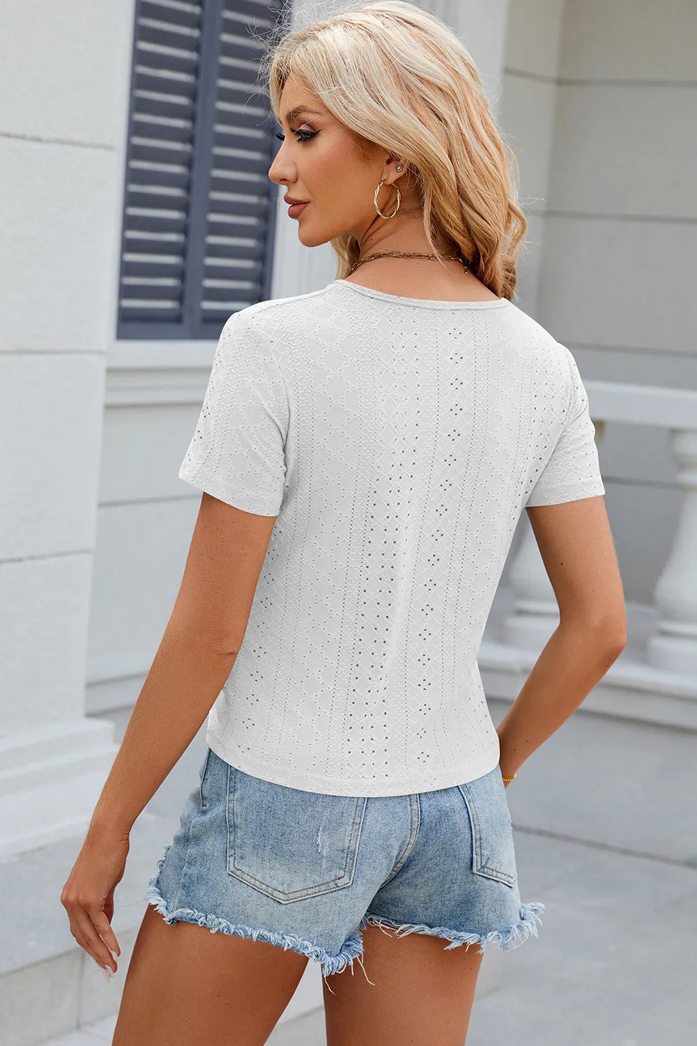 Eyelet Ruched Round Neck Short Sleeve T-Shirt, image 3