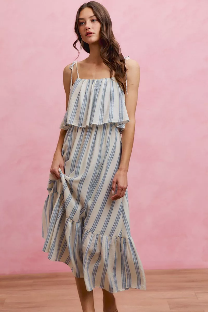 Stripe Tiered Shoulder Tie Midi Lined Dress, image 6