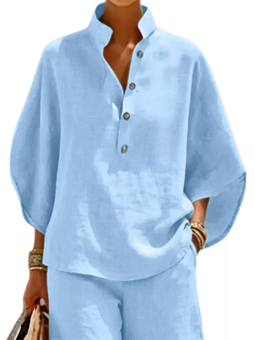 Full Size Button Detail Loose Fit Top and Shorts Set Plus Size, image 9